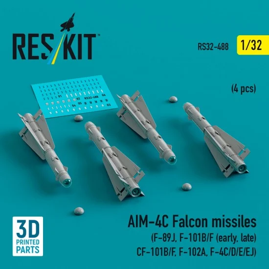 Reskit RS32-0488 1/32 AIM-4C Falcon Missiles (4pcs) for F-89J, F-101B/F (early, late), CF-101B/F