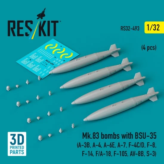 Reskit RS32-0493 1/32 Mk.83 Bombs with BSU-35 (4pcs) for A-3B/4/6E/7, F-4C/D, F-8/14, F/A-18, F-105, AV-8B