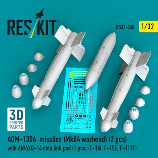 Reskit RS32-0538 1/32 F-16I/F-15E/F-111F AGM-130A Missiles Mk 84 Warhead (2pcs) w/AN/AXQ-14 Data Link Pod