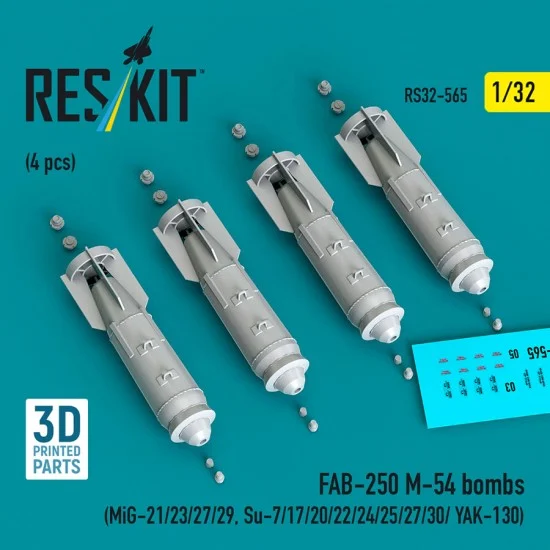 Reskit 32-0565 1/32 FAB-250 M-54 Bombs (4pcs) for MiG-21/23/27/29/Su-7/17/20/22/24/25/27/30/ YAK-130