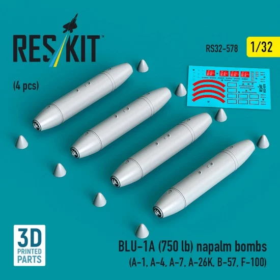 Reskit 32-0578 1/32 BLU-1A (750 lb) Napalm Bombs (4pcs) for A-1/A-4/A-7/A-26K/B-57/F-100