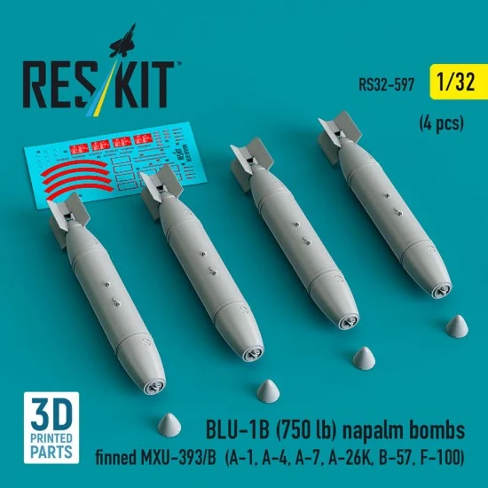 Reskit 32-0597 1/32 BLU-1B (750 lb) Napalm Bombs Finned MXU-393/B (4pcs)