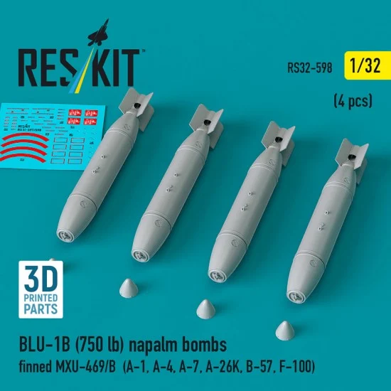Reskit 32-0598 1/32 BLU-1B (750 lb) Napalm Bombs Finned MXU-469/B (4pcs)