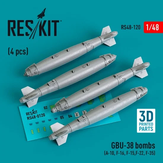 Reskit RS48-0120 1/48 A-10, F-16/15/22/35 GBU 38 Bomb (4pcs) for Italeri/Tamiya/Hasegawa/Revell kits