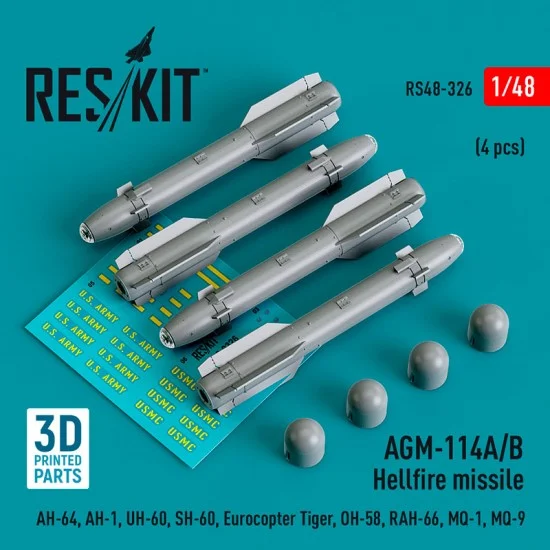 Reskit RS48-0326 1/48 AGM-114A/B Hellfire Missiles (4pcs) for Academy/Airfix/Hasegawa/Italeri