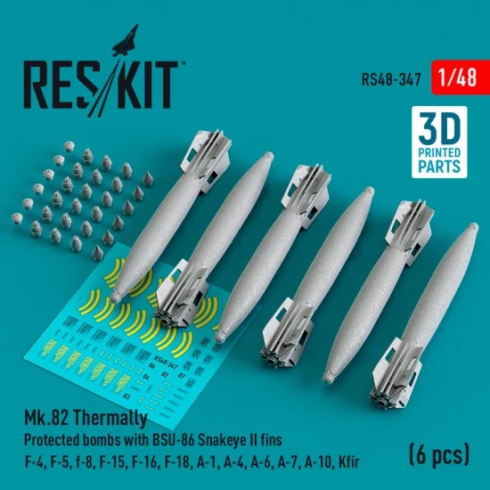 Reskit RS48-0347 1/48 Mk.82 Thermally Protected Bombs w/BSU-86 Snakeye II Fins (4pcs)