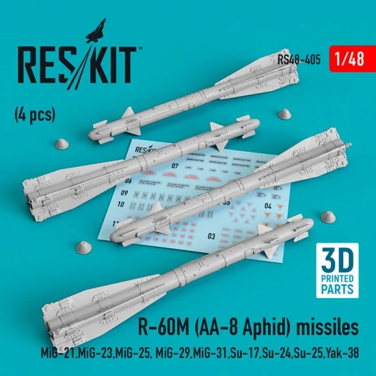 Reskit RS48-0405 1/48 R-60M (AA-8 Aphid) Missiles (4pcs) for MiG-21/23/25/29/31, Su-17/24/25, Yak-38