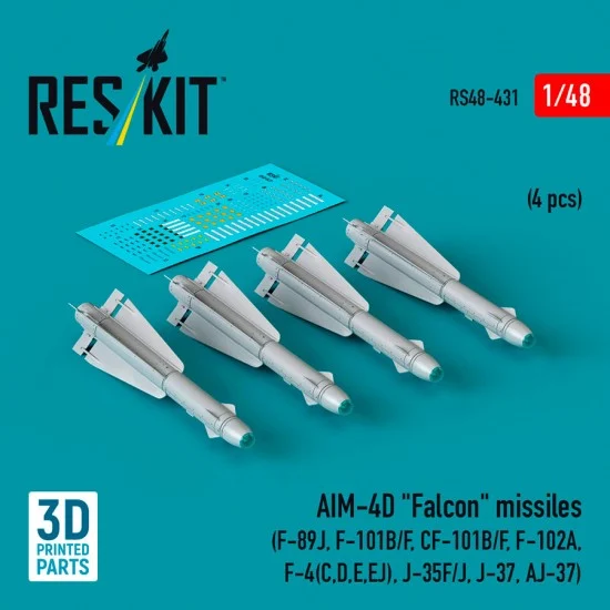 Reskit RS48-0431 1/48 AIM-4D Falcon Missiles (4pcs) for F-89J, F-101B/F, CF-101B/F, F-102A, F-4