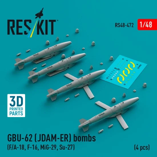 Reskit RS48-0472 1/48 GBU-62 (JDAM-ER) Bombs (4pcs) for F/A-18, F-16, MiG-29, Su-27
