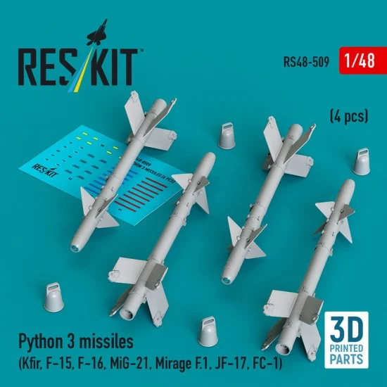Reskit RS48-0509 1/48 Python 3 Missiles (4pcs) for Kfir/F-15/F-16/MiG-21/Mirage F.1/JF-17/FC-1