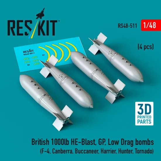 Reskit RS48-0511 1/48 British 1000lb HE-Blast, GP, Low Drag Bombs (4pcs) for F-4, Canberra, Buccaneer