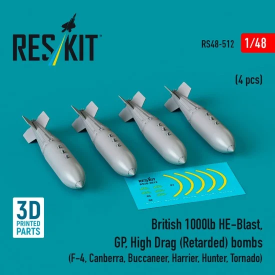 Reskit RS48-0512 1/48 British 1000lb HE-Blast, GP, High Drag (Retarded) Bombs (4pcs)