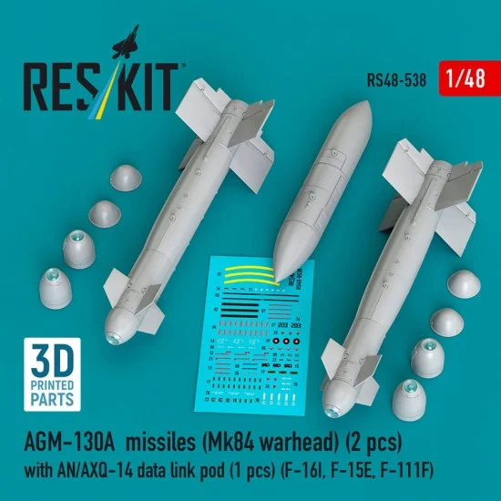 Reskit RS48-0538 1/48 F-16I/15E/111F AGM-130A Missiles (2pcs) Mk 84 Warhead w/AN/AXQ-14 Data Link Pod