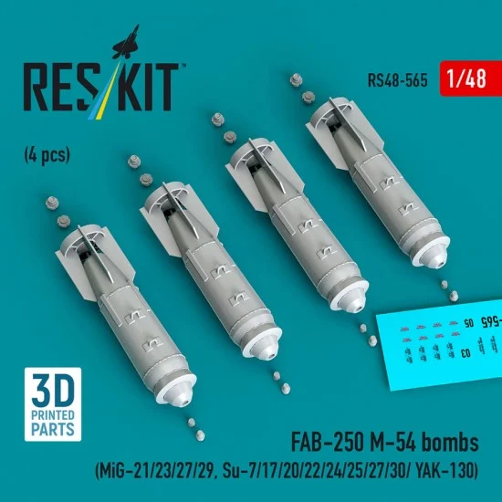 Reskit 48-0565 1/48 FAB-250 M-54 Bombs (4pcs) for MiG-21/23/27/29/Su-7/17/20/22/24/25/27/30/ YAK-130