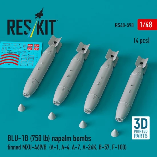 Reskit 48-0598 1/48 BLU-1B (750 lb) Napalm Bombs Finned MXU-469/B (4pcs)