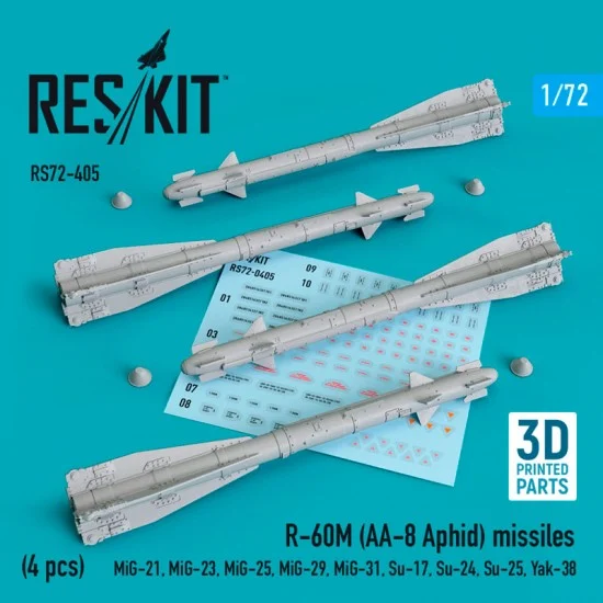 Reskit RS72-0405 1/72 R-60M (AA-8 Aphid) Missiles (4pcs) for MiG-21/23/25/29/31, Su-17/24/25, Yak-38
