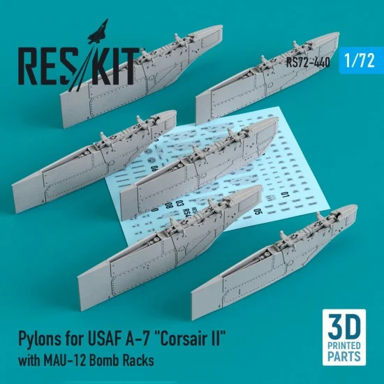Reskit RS72-0440 1/72 Pylons for USAF A-7 "Corsair II" with MAU-12 Bomb Racks (3D Printing)
