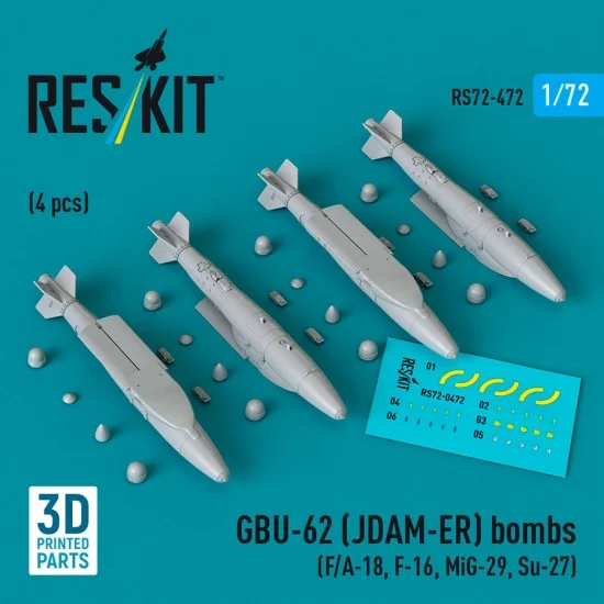 Reskit RS72-0472 1/72 GBU-62 (JDAM-ER) Bombs (4pcs) for F/A-18, F-16, MiG-29, Su-27