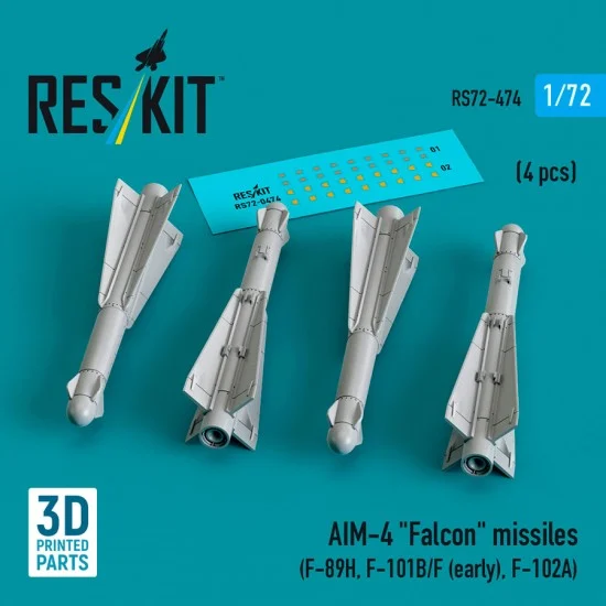 Reskit RS72-0474 1/72 AIM-4 Falcon Missiles (4pcs) for F-89H, F-101B/F (early), F-102A