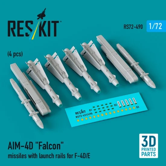 Reskit RS72-0490 1/72 AIM-4D Falcon Missiles with Launch Rails for F-4D/E (4pcs)