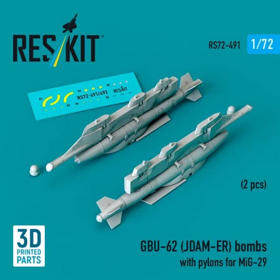 Reskit RS72-0491 1/72 GBU-62 (JDAM-ER) Bombs with Pylons for MiG-29 Fulcrum (2pcs)