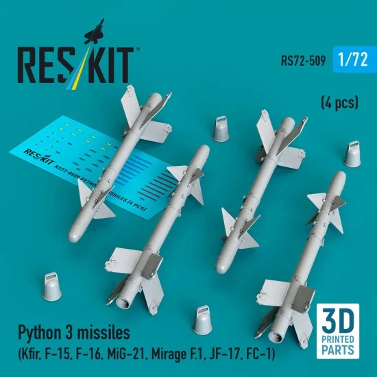Reskit RS72-0509 1/72 Python 3 Missiles (4pcs) for Kfir/F-15/F-16/MiG-21/Mirage F.1/JF-17/FC-1