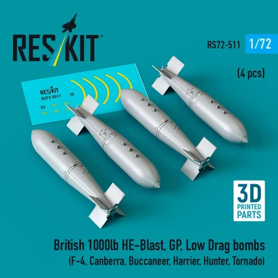 Reskit RS72-0511 1/72 British 1000lb HE-Blast, GP, Low Drag Bombs (4pcs) for F-4, Canberra, Buccaneer