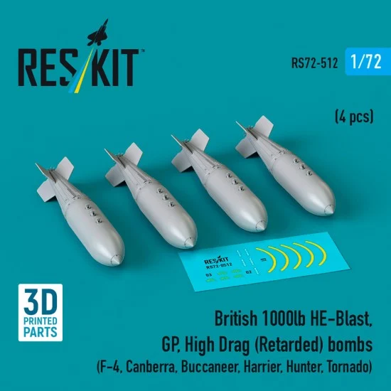 Reskit RS72-0512 1/72 British 1000lb HE-Blast, GP, High Drag (Retarded) Bombs (4pcs)
