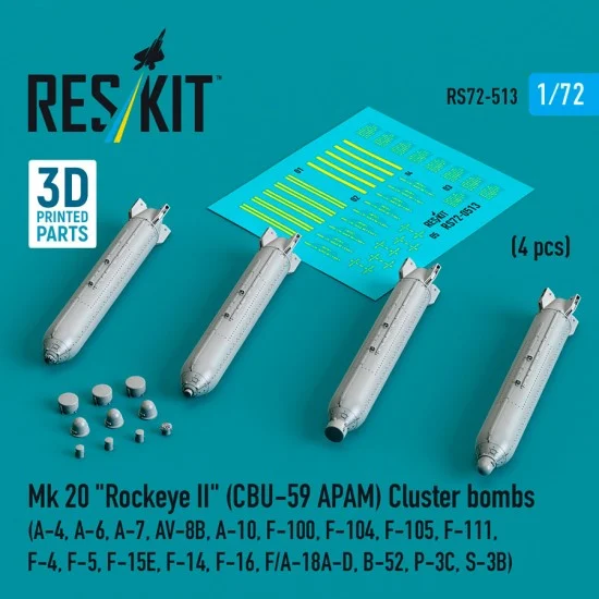 Reskit RS72-0513 1/72 Mk 20 Rockeye II (CBU-59 APAM) Cluster Bombs (4pcs) for A-4/6/7, AV-8B
