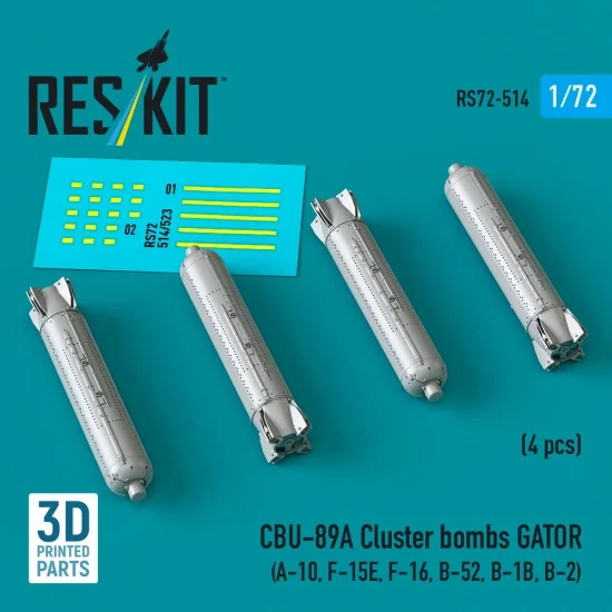 Reskit RS72-0514 1/72 CBU-89A Cluster Bombs GATOR (4pcs) for A-10, F-15E, F-16, B-52, B-1B, B-2