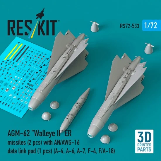 Reskit 72-0533 1/72 AGM-62 Walleye II ER Missiles (2pcs) with AN/AWG-16 Data Link Pod (1pc)
