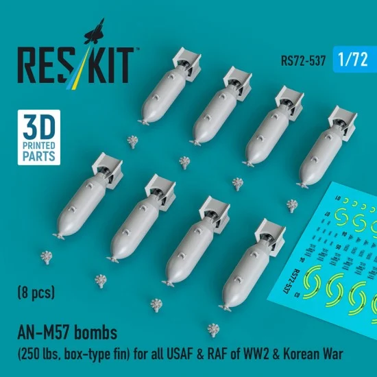 Reskit RS72-0537 1/72 WWII/Korean War USAF/RAF AN-M57 Bombs 250lbs/Box-type Fin (8pcs)