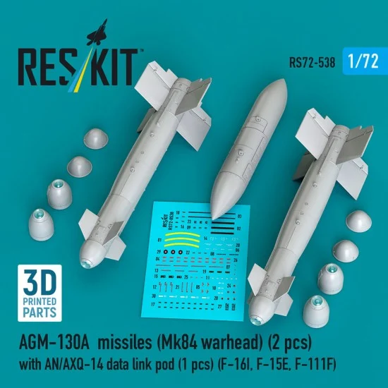 Reskit RS72-0538 1/72 F-16I/15E/111F AGM-130A Missiles (2pcs) Mk 84 Warhead w/AN/AXQ-14 Data Link Pod