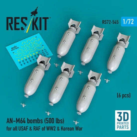Reskit RS72-0545 1/72 WWII/Korean War USAF/RAF AN-M64 Bombs 500lbs (6pcs)