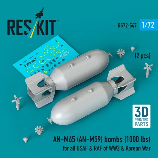 Reskit RS72-0547 1/72 WWII/Korean War USAF/RAF AN-M65 (AN-M59) Bombs 1000lbs (2pcs)