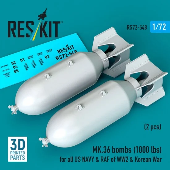 Reskit RS72-0548 1/72 WWII/Korean War US Navy/RAF MK.36 Bombs 1000lbs (2pcs)
