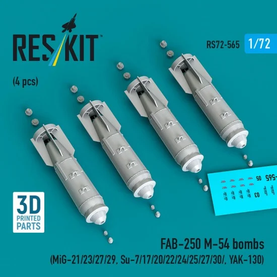 Reskit 72-0565 1/72 FAB-250 M-54 Bombs (4pcs) for MiG-21/23/27/29/Su-7/17/20/22/24/25/27/30/ YAK-130