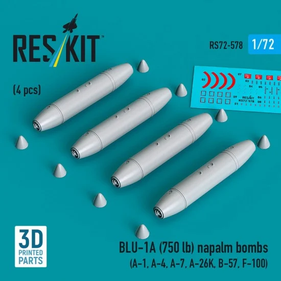 Reskit 72-0578 1/72 BLU-1A (750 lb) Napalm Bombs (4pcs) for A-1/A-4/A-7/A-26K/B-57/F-100