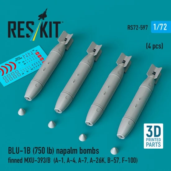 Reskit 72-0597 1/72 BLU-1B (750lb) Napalm Bombs Finned MXU-393/B (4pcs)