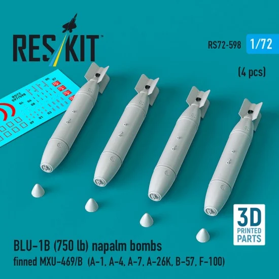 Reskit 72-0598 1/72 BLU-1B (750lb) Napalm Bombs Finned MXU-469/B (4pcs)