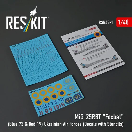 Reskit RSB48-0001 1/48 Ukrainian AF MiG-25RBT Foxbat (Blue 73 and Red 19) Decals with Stencils