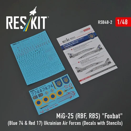 Reskit RSB48-0002 1/48 Ukrainian AF MiG-25RBF/RBS Foxbat (Blue 74 & Red 17) Decals with Stencils