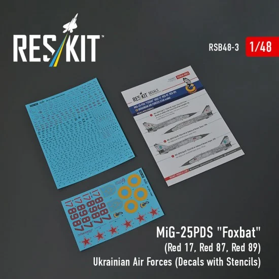 Reskit RSB48-0003 1/48 Ukrainian AF MiG-25PDS Foxbat (Red 17/Red 87/Red 89) Decals with Stencils