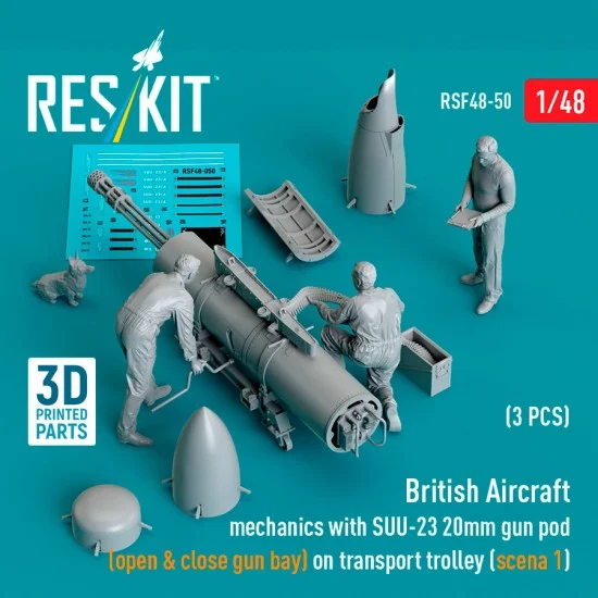 Reskit RSF48-0050 1/48 British Aircraft Mechanics with SUU-23 20mm Gun Pod Scene #1 (3 figures)