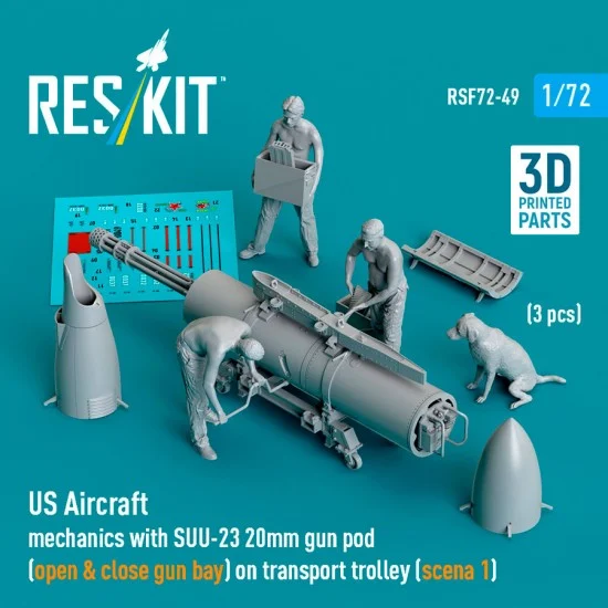 Reskit RSF72-0049 1/72 Us Aircraft Mechanics with Suu-23 20mm Gun Pod Scene #1 (3 Figures)