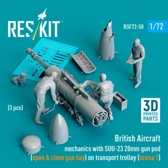 Reskit RSF72-0050 1/72 British Aircraft Mechanics with Suu-23 20mm Gun Pod Scene #1 (3 Figures)