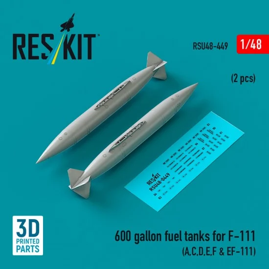Reskit RSU48-0449 1/48 600 gallon Fuel Tanks for F-111 (A,C,D,E,F, EF-111, 2pcs)