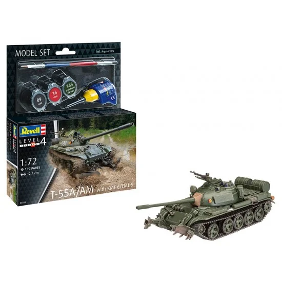 Revell 63328 1/72 T-55A/AM with KMT-6/EMT-5 Model Set (kit, glue, brush, paints)