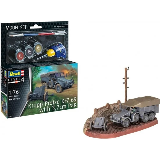 Revell 63344 1/76 Krupp Protze KFZ 69 with 3.7cm Pak Model Set (kit, glue, brush, paints) - Military Vehicles & Tanks