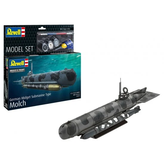 Revell 65187 1/72 Model Set German Midget Submarine Type Molch (kit, paints, glue, brush) - Model Ships & Boats